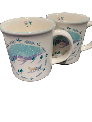 Snow Winter Scene Sled Pfaltzgraff Large Coffee Mugs HTF Christmas Set Of 2