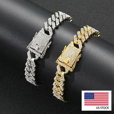 New 12MM Men's Miami Cuban Link Chain White Gold 14K Plated Bracelet Iced CZ Out