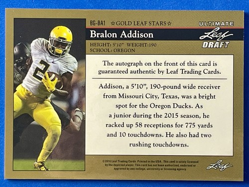 2016 Leaf Ultimate Draft Gold Stars Auto Bralon Addison RC Rookie 5/15 BG-BA1 - Picture 2 of 3
