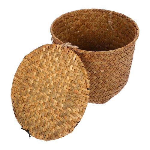 Wicker Round Lid Storage Tray Toilet Paper Basket Shelf - Picture 2 of 12