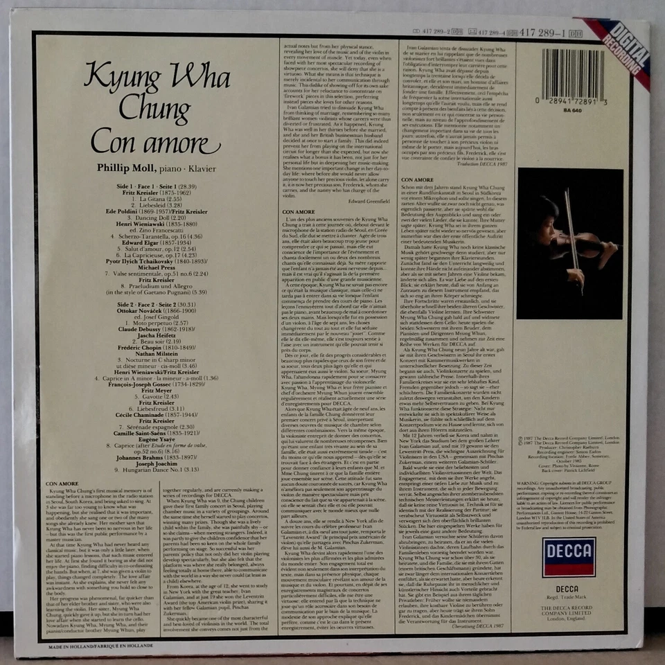 KYUNG-WHA CHUNG - CON AMORE BRAHMS KREISLER DECCA 417 289-1 HOLLAND 1987 ED 1 LP - Image 2 of 4