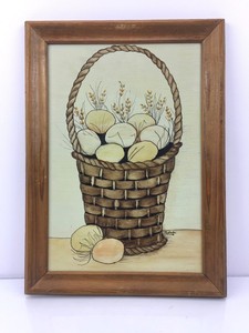VTG-Signed-Original-Art-Easter-Painting-Farm-Farmhouse-FOLK-Prim-EGGS-BASKET