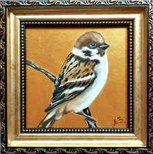 Bird Sparrow Painting Original Small Sparrow Artwork Bird Painting Gold FRAMED