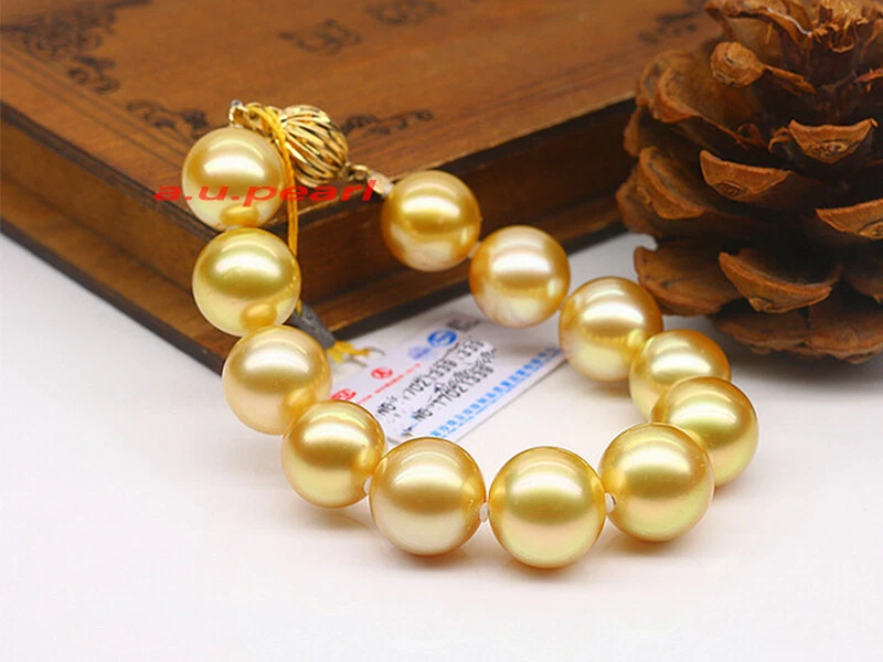 AAAAA 7.5"12-13mm Natural real round south sea golden pearl bracelet 14K GOLD - Image 2 of 4