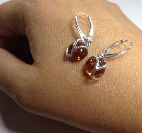 Amber round drop earrings solid Sterling Silver Lever Fit cognac, gift box. - Picture 7 of 12