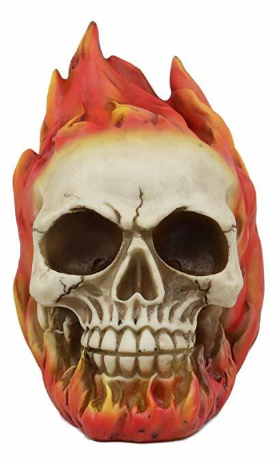 Ebros Ghost Rider Skull with Fire Flame Skeleton Figurine