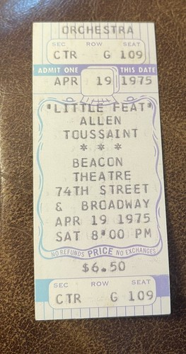 LITTLE FEAT/ALLEN TOUSSAINT SELTENE UNBENUTZTE KONZERTKARTE NEW YORK, NY 19.04.1975
