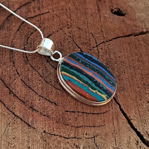 Collar colgante de piedra de plata 925 cabujón arco iris calsílica regalo para él 31 quilates - Imagen 3 de 4