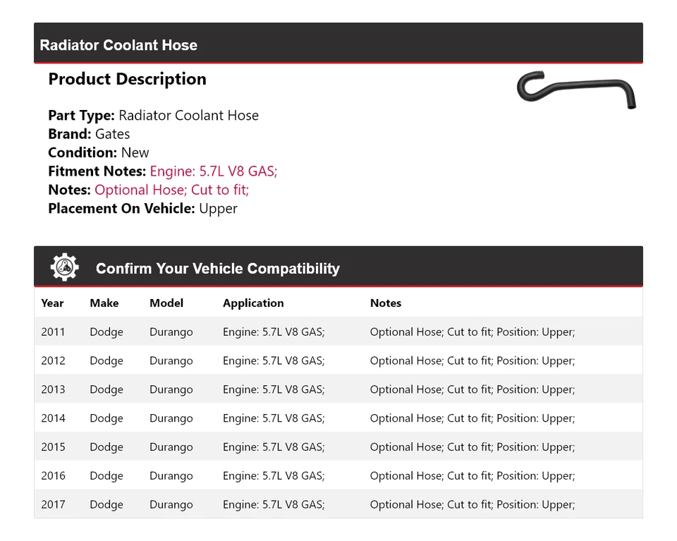 Manguera de refrigerante de radiador de gas V8 5,7 L para Dodge Durango 2011-2017 puertas superiores 2012 Foto 2 de 4