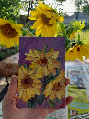 sunflowers original oil painting, small picture of sunflowers, sunflowers art - Picture 4 of 14