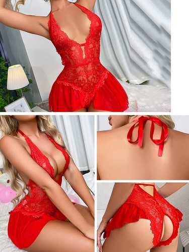 Babydoll Lingerie for Women Floral Open Crotchless Teddy Nightwear Lace Bodysuit - 第 3/20 張圖片