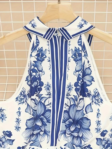 Womens Woven Sleeveless Blue & White Floral Print Empire Waist Maxi Dress Size L - Foto 4 di 4