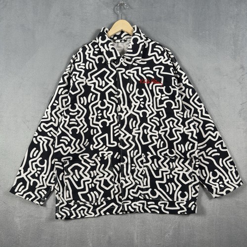H&M X Keith Haring Chore Jacket Mens Large Black White Patterned Twill Shacket - Picture 2 of 16