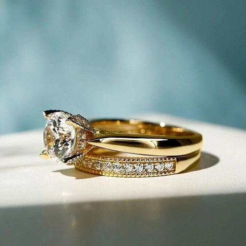 2.10Ct Round-Cut G/VS1 Lab Grown Diamond Bridal Wedding Set Ring 14k Yellow Gold - Picture 3 of 5