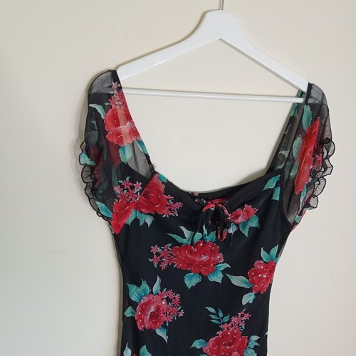 Y2K Black Rose Beaded Midi Dress M Chiffon Lined Sweetheart Neckline Vintage 90s - Picture 4 of 15