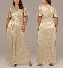 Adrianna Papell Foil Leaf V-Neck Slit Draped Gown In Champagne Gold sz 16W  $249