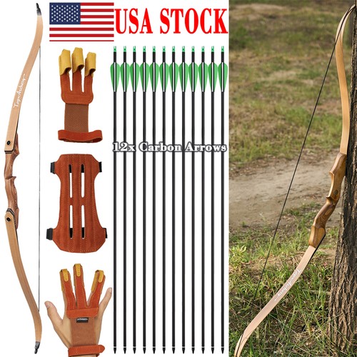 60" Traditional Wooden Takedown Recurve Bow 30-50lbs Carbon Arrow Archery Target