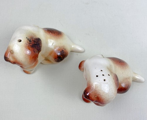 Vintage Ceramic Dog Salt and Pepper Shakers Cute Brown Glazed Pair Puppies - Bild 4 von 10