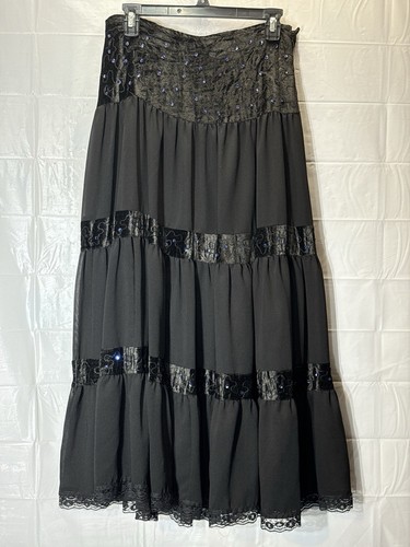 Rouge tiered skirt black sequin bohemian embroidered Sz M