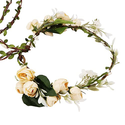 Beige Flower Crown floral Wreath Headband Flower Women Girl Headpiece Hair - Picture 6 of 7