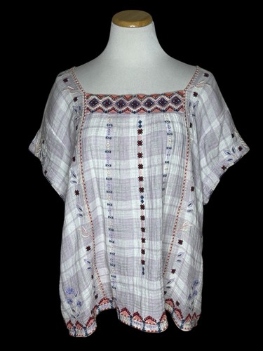Johnny Was Workshop Gr. XL bestickt Gingham kariert Boho Gaze Tunika Top