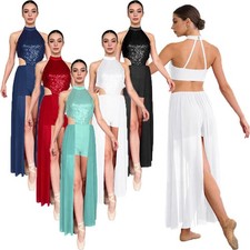 Womens Dancewear Ballroom Dance Dress Skirt Bodysuit Party Lyrical Mesh Prom