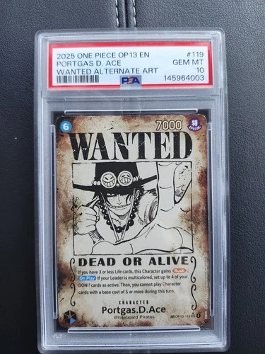 ONE PIECE 2025 OP13 #119 PORTGAS D. ACE ERROR WANTED POSTER PSA 10.