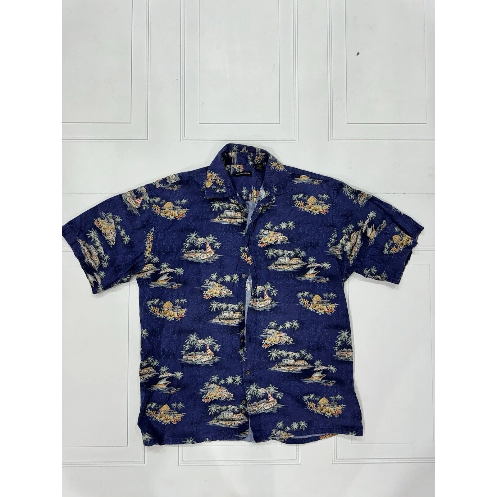 Pierre Cardin Hawaiian Button Down Shirt Size Large L 100% Cotton Short Sleeve