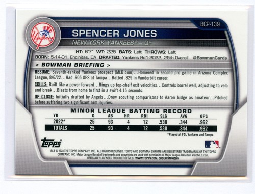 2023 Bowman Chrome Spencer Jones 1st BCP-139 Purple Refractor /250 RC YANKEES - Picture 2 of 2