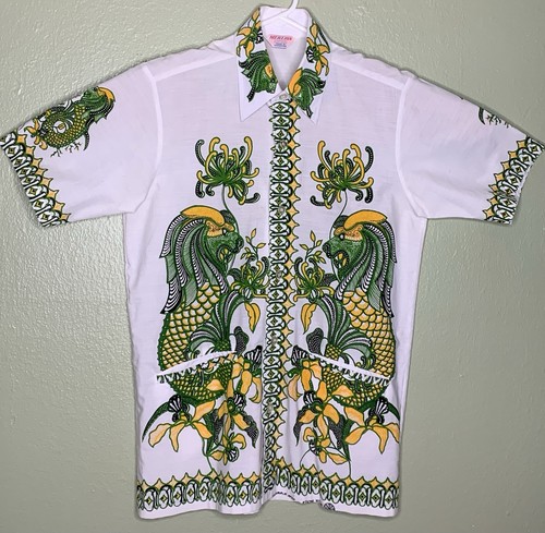 Vintage 80er Merlion Batik Herren M weiß grün gelb Tradition Singapur Sommer Hemd