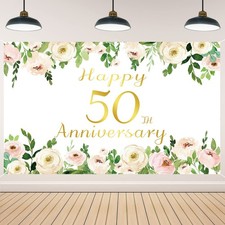 Elegant White 50th Anniversary Backdrop Polyester Rose Gold Peony Design Incl...