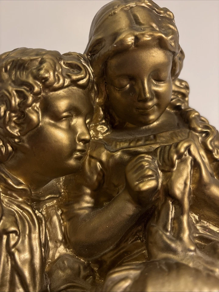 Винтажная керамическая статуэтка первой любви мальчика и девочки высотой 14 дюймов золотистого цвета ~ - Изображение 2 из 4