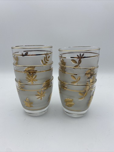Libby Gold Leaves Frosted Vintage Glasses Set Of 6 Stackable - Picture 6 of 6