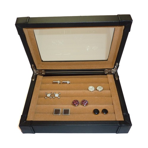 SCHWARZ LEDER PERSONALISIERTE MANSCHETTENKNÖPFE & RING AUFBEWAHRUNG SCHMUCKBOX - Bild 4 von 6