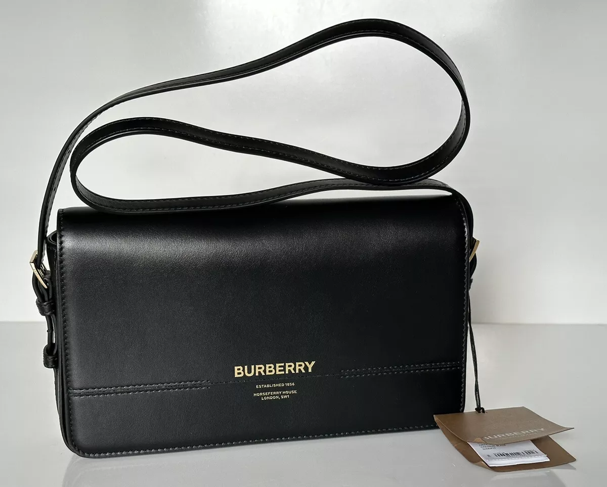 Burberry Small Grace BLACK Stripe Leather Strap Handbag Bag Black