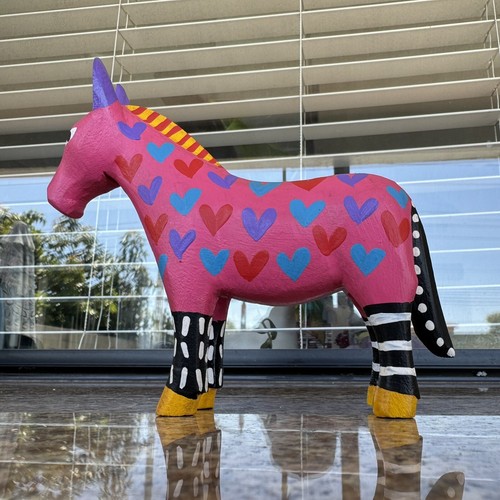Donkey Mexico Wood Carving Hand Painted Folk Art Oaxaca  Pink Blue Hearts - Picture 2 of 19