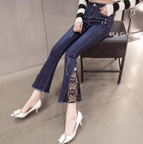 Womens Jeans High Waist Pants Stretch Slit Lace Skinny Flared Denim Trousers Hot - Picture 7 of 10