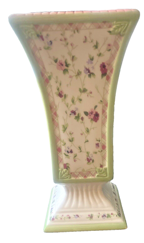 Laura Ashley 9” Vase Green Pink Purple Floral Ceramic Cottage Vintage