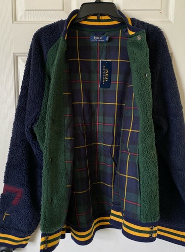 $298 NWT Mens Polo Ralph Lauren Pirate Skull Sherpa Fleece Snap Varsity Jacket - Picture 3 of 7