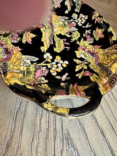 VTG Pekin Royal Winton Oval Handle Malta Shaped Tray Black Gold Trim Chinoiserie - Picture 13 of 24