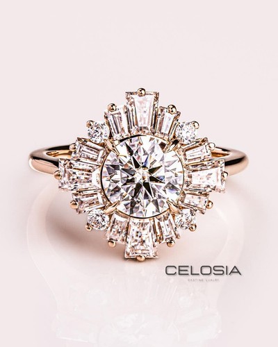 2.50 ct Round & Baguette Cut Moissanite Art Deco Floral Ring 10K Solid Rose Gold - Picture 2 of 12