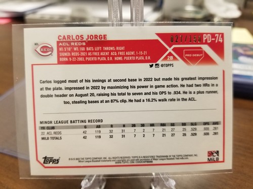 2023 Topps Pro Debut Carlos Jorge Blue Foil /150 Reds #PD-74 Reds - Picture 2 of 2