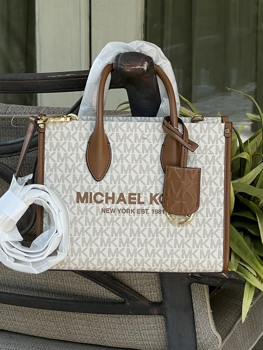 Michael Kors Mirella Large MK Logo Tote Crossbody Bag Vanilla Signature