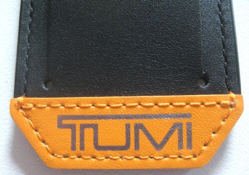 TUMI LUGGAGE BAG ID TAG NEW, BLACK, BRIGHT YELLOW / ORANGE STRIP, 3 1/4"x2 1/8" - Picture 2 of 3
