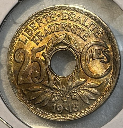 FRANCE 1918 Uncirculated BU Rainbow Toned Beautiful 25 Centimes Coin KM#867a - Picture 1 of 13