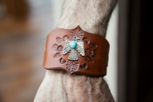 Thunderbird Leather Cuff Bracelet, Hand Tooled, Western Design - Picture 3 of 5