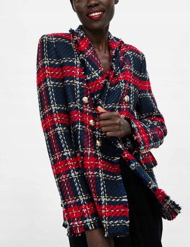 A425 ZARA BLAZER GOLDKNÖPFE TWEED KARIERT ROT BLAU JACKE KARO MANTEL - M - Bild 16 von 22