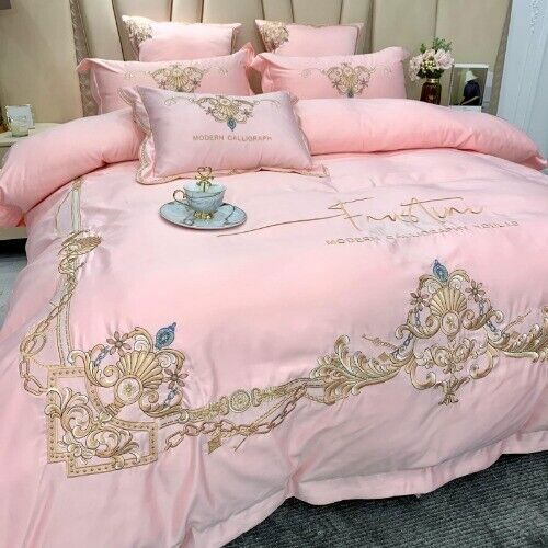 Embroidered Pink Satin Cotton Bedding Sets Quilt/Duvet Cover Fitted Bed Sheet - Bild 2 von 18