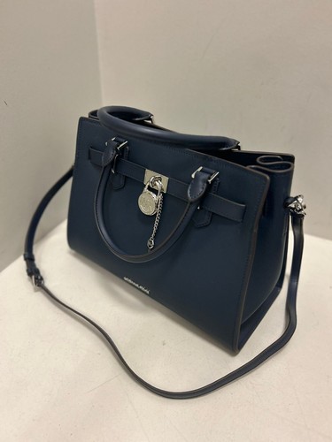 Michael Kors Hamilton Medium Women Leather Satchel Crossbody Handbag Purse Navy - Picture 4 of 15