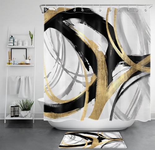 Modern Black and Gold Abstract Geometric Shower Curtain Set for Bathroom Decor - Picture 22 of 23